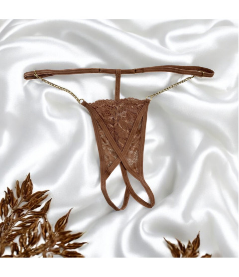 String en dentelle taupe ouvert avec chaînes dorées - PA01MTAUPE